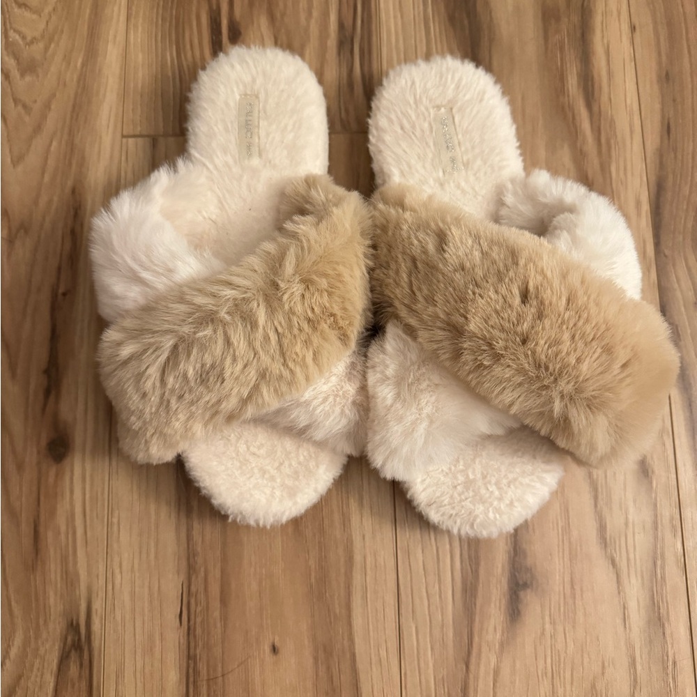Faux Fur Slippers in Cream and Tan